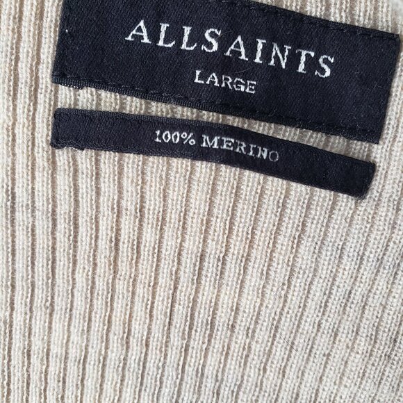 AllSaints Merino Wool Open Front Shawl Collar Ramskull Mode Cardigan - Picture 6 of 10